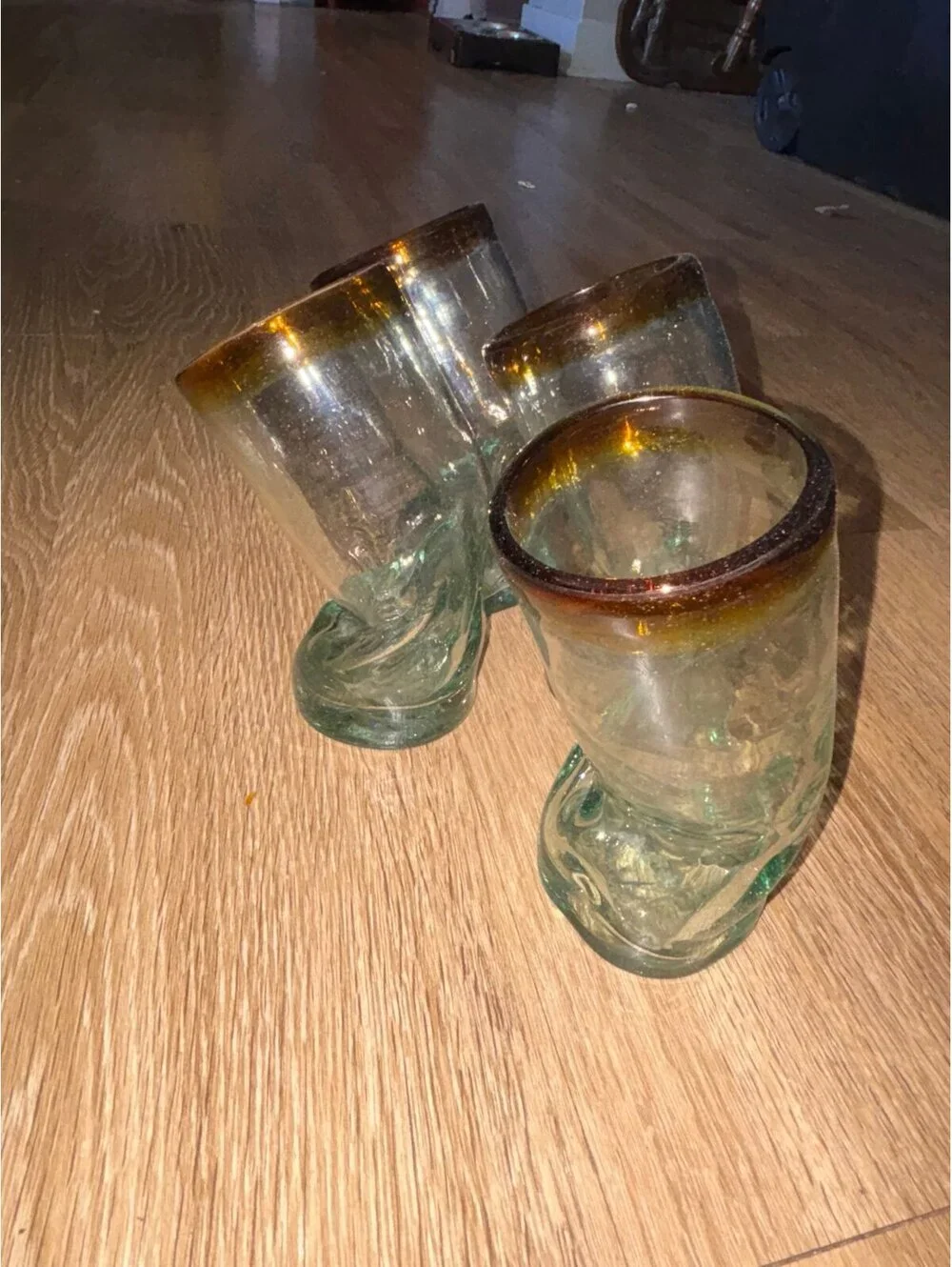 Hand Blown Bent Glass Tumblers Glasses brown Rim Decorative Set Of 4